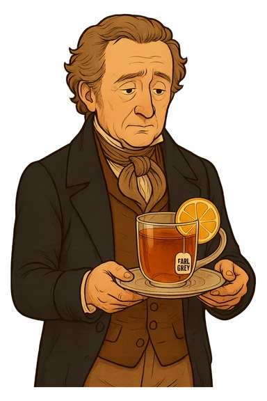 Используя такую стилистику сгенерируй Графа Уильяма Грея, который задумчиво держит в руках тарелку с чашкой черного чая Эрл Грей и лимоном внутри, прозрачный фон sticker