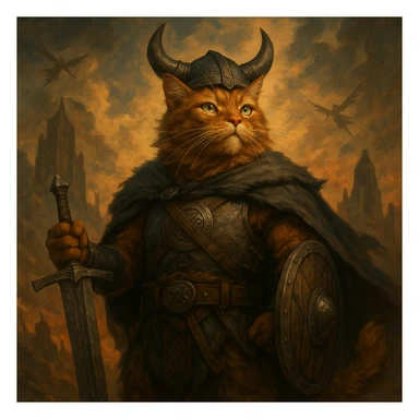 epic ginger cat Viking, Valhalla, heroic pose, Norse mythology atmosphere, fantasy style sticker