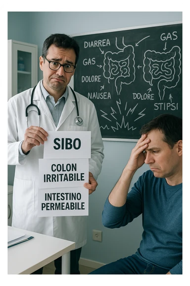 Scena clinica con un medico confuso in camice bianco davanti a un paziente seduto. Il medico ha tre fogli in mano, e li mostra uno alla volta con espressione incerta: il primo dice 'SIBO', il secondo 'Colon Irritabile', il terzo 'Intestino Permeabile'. Il paziente ha un’espressione confusa e scoraggiata, con una mano sulla fronte. Sullo sfondo una lavagna caotica con disegni di intestino e sintomi ovunque. Stile realistico con tocchi ironici, toni freddi da ambulatorio ma con un messaggio visivo forte di incertezza diagnostica. in italiano sticker