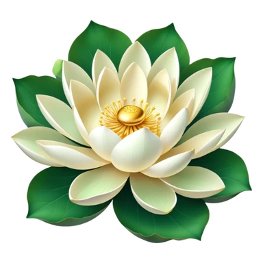 Lotus flower in full bloom with white petals and golden center, round green leaf sticker