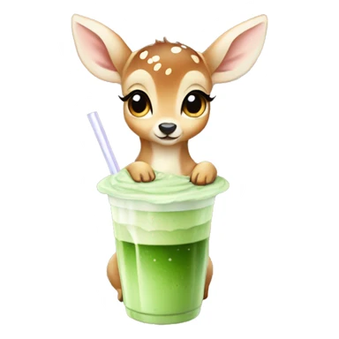 baby deer with fairy wings drinking iced matcha latte  sticker