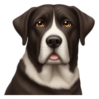 5 years old, female, Chubby, DARK brown, english lab, tired face, looking at you confused, little white scruff un chin sticker