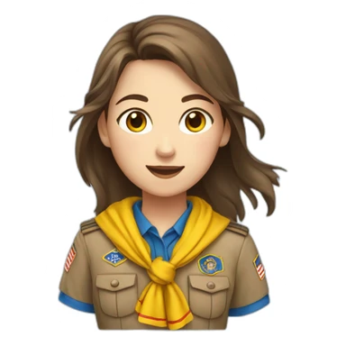 A scout girl with Brown hair with a knotted red and yellow scarf and a blue scout shirt sticker