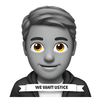 smiling with "we want justice" banner sticker