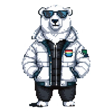 polar bear wearing a white puffer jacket and sunglasses  sticker