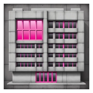 Wide brutalist concrete building with a central bright pink window surrounded by multiple regular windows sticker