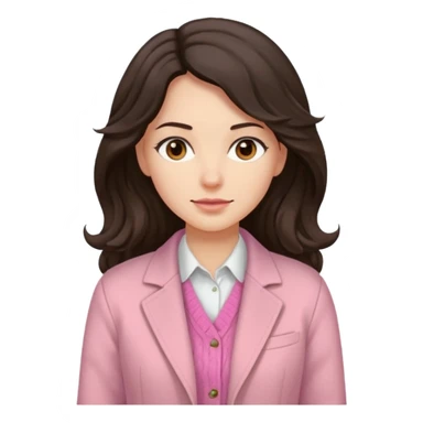 Portrait of woman with dark long wavy hair in white shirt, pink sweater and beige jacket sticker