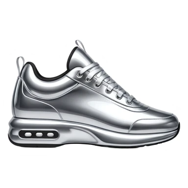 A pair of futuristic sneakers emoji made of silver chrome, sleek streetwear design, smooth metallic panels, subtle reflections, luxury swag aesthetic, iOS emoji style, centered, clean white background sticker