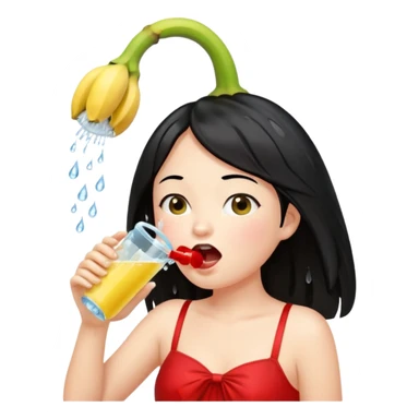 a girl with black hair and red dress with opened mouth drinking pale yellow water coming out from a shower looking like a banana above her head sticker