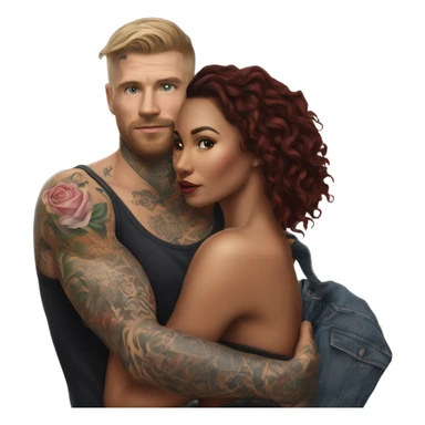 Hyper Realistic beautiful woman in the arms of a very handsome tattooed man walking  sticker