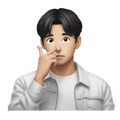 Jungkook lost in thought and holds his finger to his face sticker