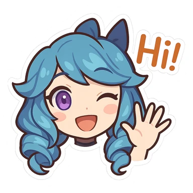 Gwen from League of Legends, chibi emote style, only head visible, right eye purple, friendly hi expression, waving hand, eyes open, cute and expressive sticker