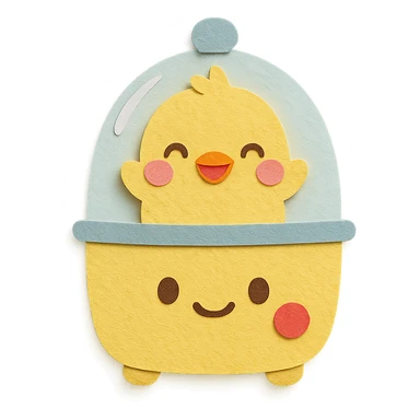 chibi egg cooker with a chick popping out, bright smile, soft yellow palette, full-body sticker