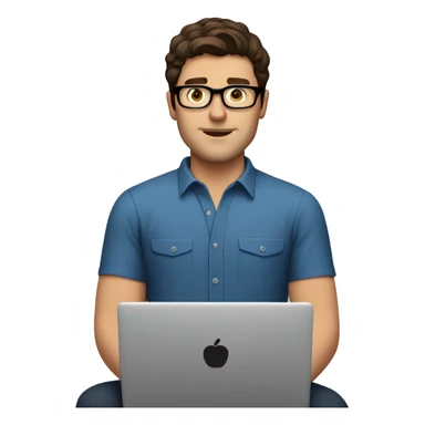 white guy dark brown hair brad pit style and square glasses typing in laptop wearing blue shirt sticker