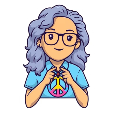 Hippie woman with long curly flowing gray hair and glasses wearing tie dye shirt and peace earrings sticker