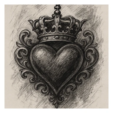 gothic heart with a gothic crown, ornate, dark, elegant, pencil sketch style sticker