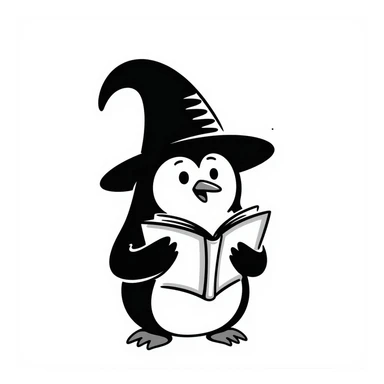hand-drawn doodle of penguin wizard with floppy wizard hat and spellbook sticker