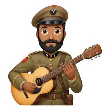 A dark Indian brown man with a black beard and a German war uniform from 1940 holding a brown acoustic guitar sticker