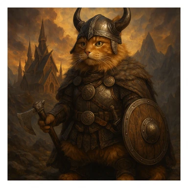 ginger cat dressed as a Viking warrior, Valhalla setting, majestic, fantasy style sticker