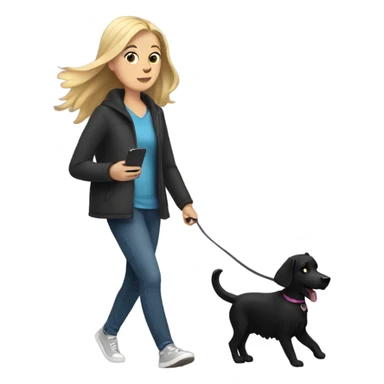 white girl walking her black dog while showing her phone screen sticker