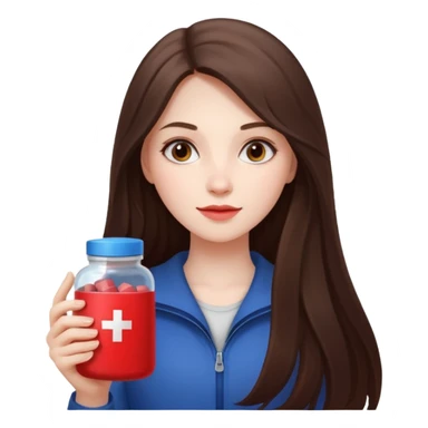 beautiful pale brunette girl with long hair holding a red pack of supplements  sticker