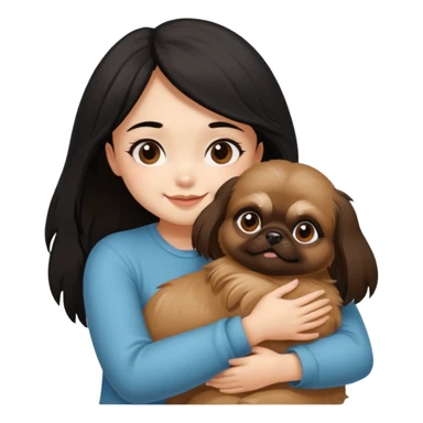 black hair girl hugging cheerfully brown pekingese dog that looks a little bit like brown gremlin sticker