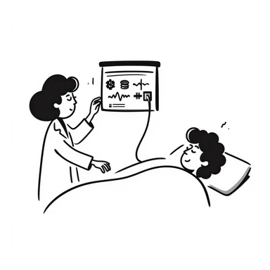 Sleep research laboratory with scientist monitoring a sleeping patient connected to EEG equipment sticker