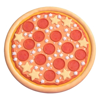 uncooked frozen pizza, round, pale dough, cheese, tomato sauce, pepperoni or vegetables, firm, frosted, ice crystals, matte finish, clean 3D, soft lighting, emoji scale sticker