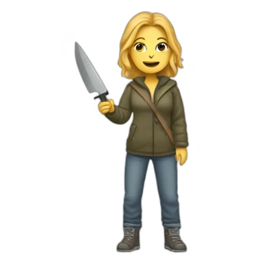 Homeless caucasian woman showing a knife sticker