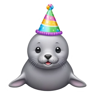 A cute gray seal with colorful birthday party hat, simple mobile emoji style sticker