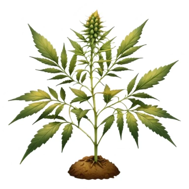 small cannabis plant at late harvest stage, modestly sized, uneven growth structure, thin branches supporting medium size female buds, leaves showing natural discoloration in shades of yellow and green, clearly visible trichomes with amber hues, resin-coated buds ready for harvest sticker