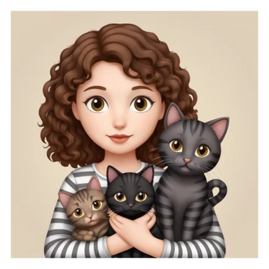 Girl with curly hair holding three cats, one black cat, one grey cat, and one grey-striped cat sticker