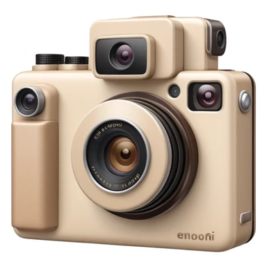 A beige camera with a photo frame next to it on the back of the camera sticker