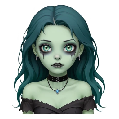 a soft, doll-like zombie girl with light sage green skin and big blue-green eyes, long black hair that swoops gently at the ends, a tiny silver nose stud and a delicate eyebrow piercing on the left side. she’s wearing an off-the-shoulder black top that shows her collarbones, sticker