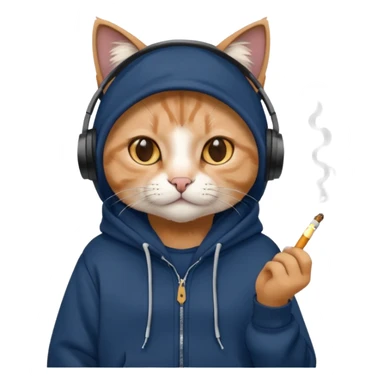 cat in headphones, in a dark-blue almost black oversized hoodie with a cigarette in his hand sticker