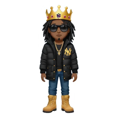 African American man with shoulder length black dreadlocks and black sunglasses wearing a black New York Yankees baseball hat wearing a black bubble winter coat with denim skinny jeans and timberland boots wearing a crown sticker