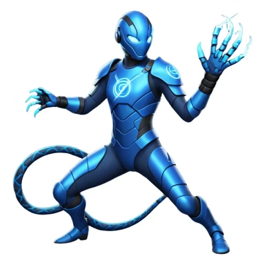 NIGHTCOIL: Dark flexible suit with electric-blue circuitry. Electrified whip crackling with energy. Lightweight armor, fingerless gloves, serpent insignia. Agile, playful, unpredictable. Mid-motion stance, whipping around enemies or structures. sticker