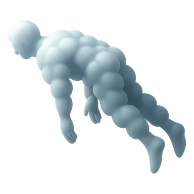 side view of unconscious person flying upwards by torso, legs and arms downwards, made of small very bright white fluffy convex clouds, matte glass style sticker