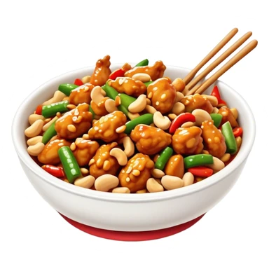 Cinematic Realistic Kung Pao Chicken Dish Emoji, showcasing spicy, stir‚Äêfried chicken with peanuts and vegetables rendered with dynamic textures and vibrant lighting. sticker
