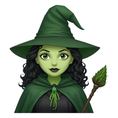 elphaba wicked witch with broom close up, evil dark curly long dark hair, green skin, thick green lips, cheekbones, smirk evil menacing cythia erivo dark aesthetic black hat cloak black broom sticker