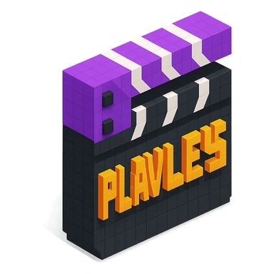voxel style movie clapperboard with the text 'PLAVLEYS', purple lid, black body, isometric view sticker
