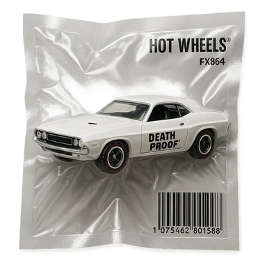 white 1971 Dodge Challenger Hot Wheels toy car, glossy, inspired by the movie 'Death Proof' sticker
