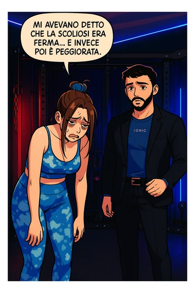 fai questa immagine in versione fumetto/manga/webtoon a colori, il manga mostra la donna disperata con un fumetto sulla testa che dice:
Mi avevano detto che la scoliosi era ferma… e invece poi è peggiorata.
 sticker