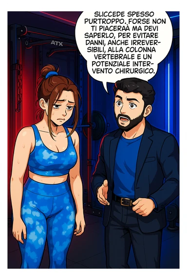 fai questa immagine in versione fumetto/manga/webtoon a colori, il manga mostra l'uomo che risponde alla donne:
Succede spesso purtroppo. 
Forse non ti piacerà ma devi saperlo, per evitare danni, anche irreversibili, alla colonna vertebrale e un potenziale intervento chirurgico. sticker