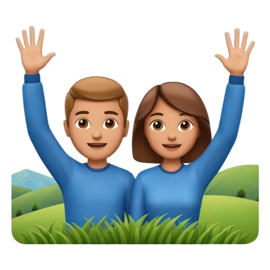 A 3D cartoon couple on top of a hill raising hands in victory, sunny sky and nature background, Memoji-style. sticker