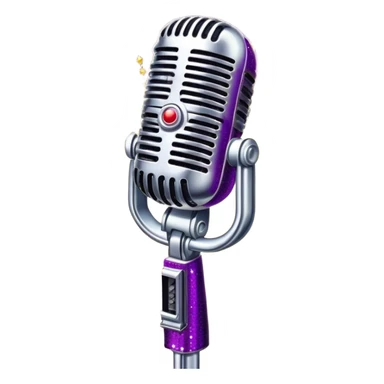 Create a glamorous and vibrant emoji representing stage vocal performance. The design should feature a humanless collage of classic vintage microphone, stage costume covered in rhinestones, sparkling brightly. The costume should be stylized, with glittering elements like sequins and sparkles, and reflect the glitzy, extravagant nature of show business. The microphone should have a sleek, retro look with chrome or metallic accents. Use rich, dazzling colors like gold, silver, deep purple, and bright red to evoke the glamorous, larger-than-life feel of a stage performance. The background should be transparent. sticker