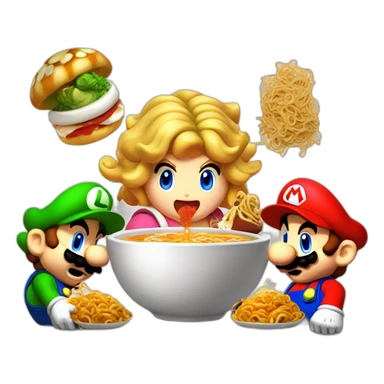 super mario bros luigi peach toad and bowser eating ramen sticker