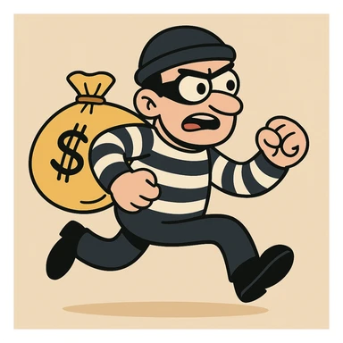 black and white striped robber man carrying a yellow bag of money, cartoon style sticker