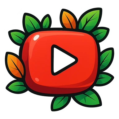 Super soft, chunky YouTube logo in vibrant toon style with thick outline, dramatic solid shadows, shiny graphic highlights, surrounded by vivid leaves, no background. Focus on contours, shadows, and glossy effects, matching the reference style, but keep everything flat and illustrated, not realistic. sticker