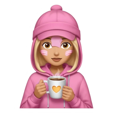 Woman in pink hoodie and cap holding coffee sticker